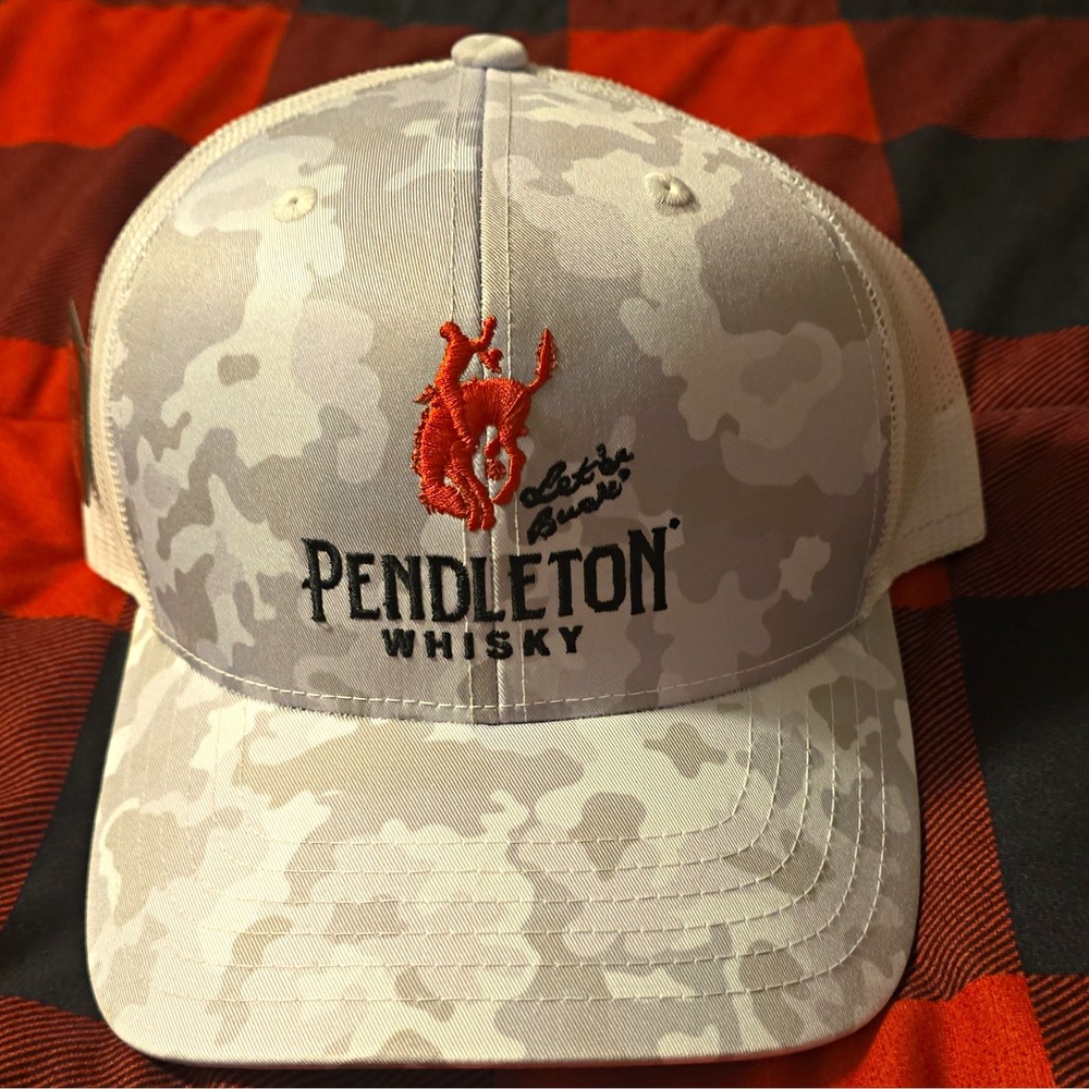 Pendleton Whisky 2024 White/Gray Camo Mesh Trucker Hat Cap & Pin